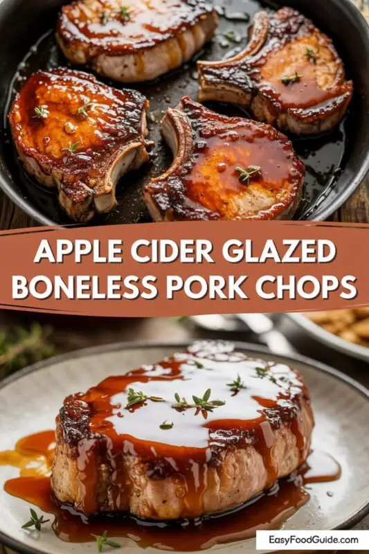 Glazed pork chops with apple cider glaze, garnished with thyme on a rustic table with side dishes.