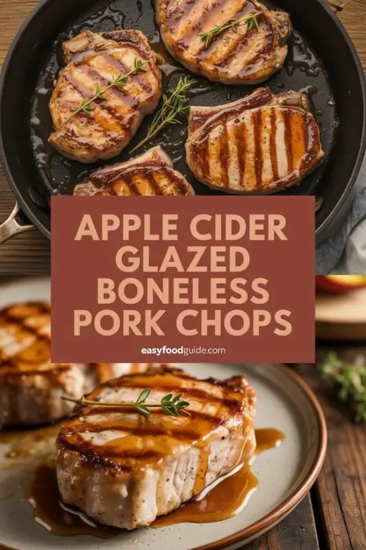Glazed pork chops with apple cider glaze, garnished with thyme on a rustic table with side dishes.