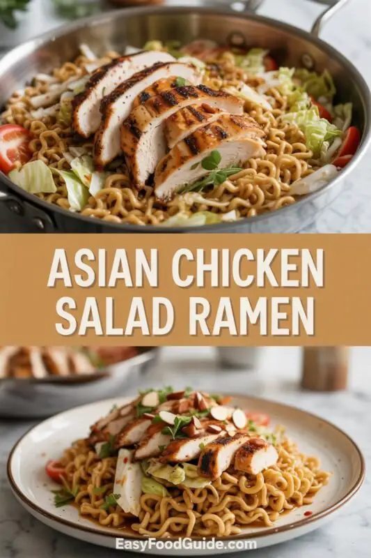A bowl of Asian Chicken Salad Ramen with cabbage, grilled chicken, toasted ramen noodles, and sliced almonds, garnished with green onions on a rustic table.