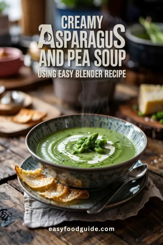 asparagus-peas-soup-01 A green bowl of creamy asparagus and pea soup garnished with peas and asparagus tips, served with a parmesan crisp.