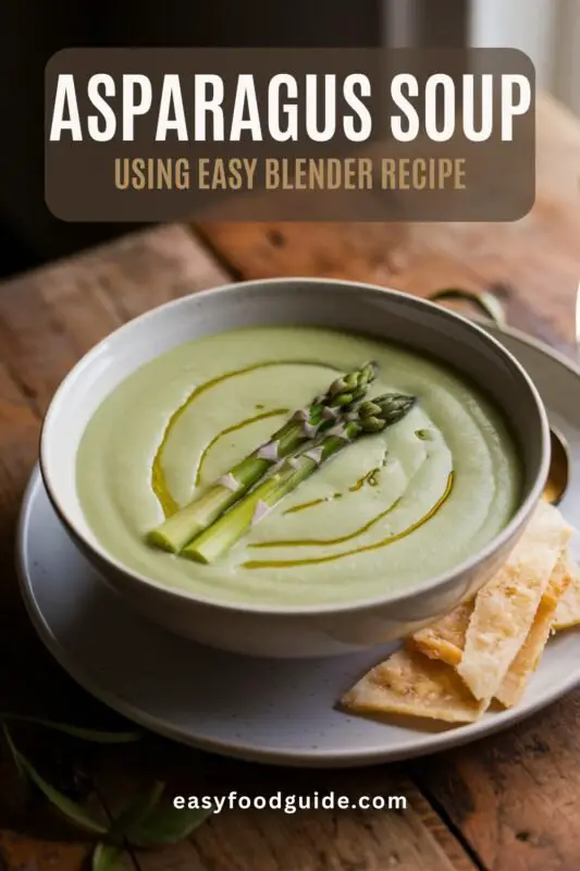 Creamy asparagus soup in a bowl, garnished with asparagus tips and olive oil, served with a parmesan crisp.