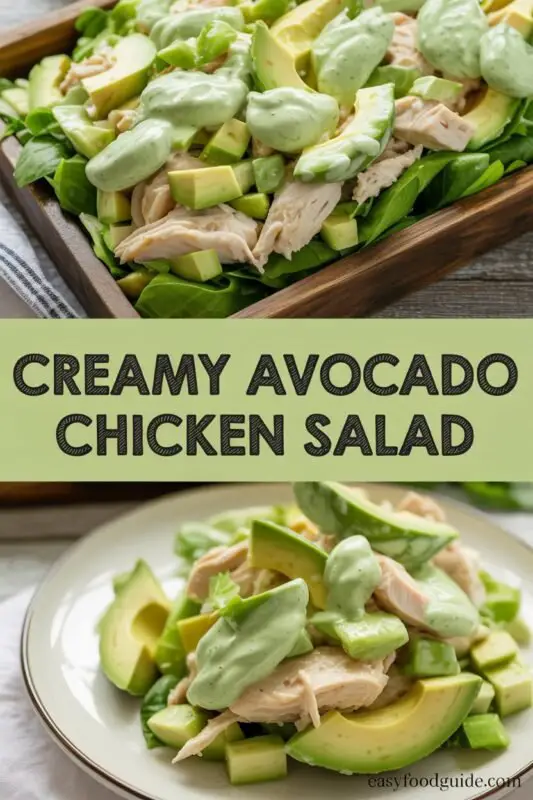 Creamy avocado chicken salad with shredded chicken, diced avocados, celery, and red onion in a rustic bowl.