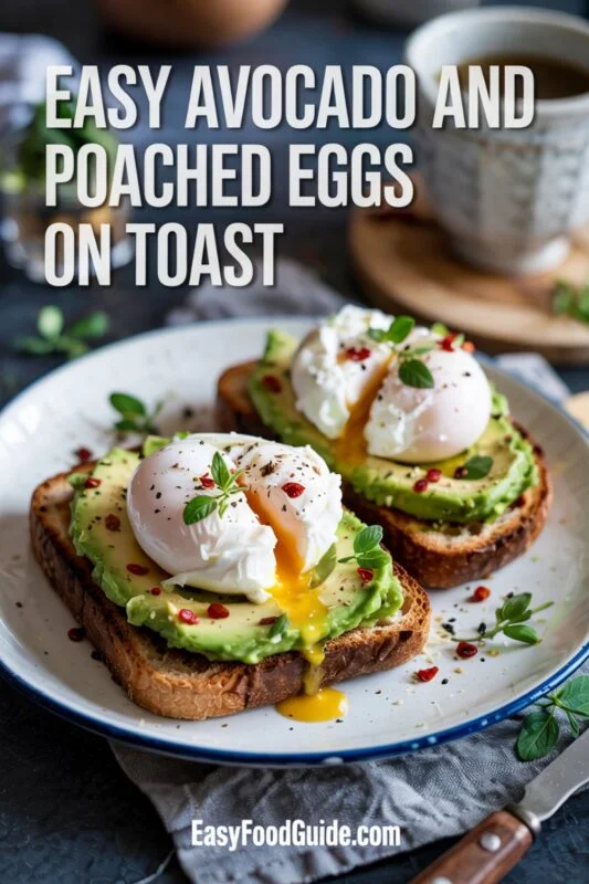 Aesthetic avocado toast topped with poached eggs and chili flakes, with a cup of coffee.