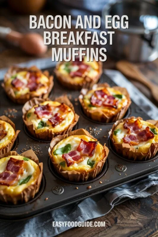 Savory bacon and egg breakfast muffins with fresh herbs and a cup of coffee.