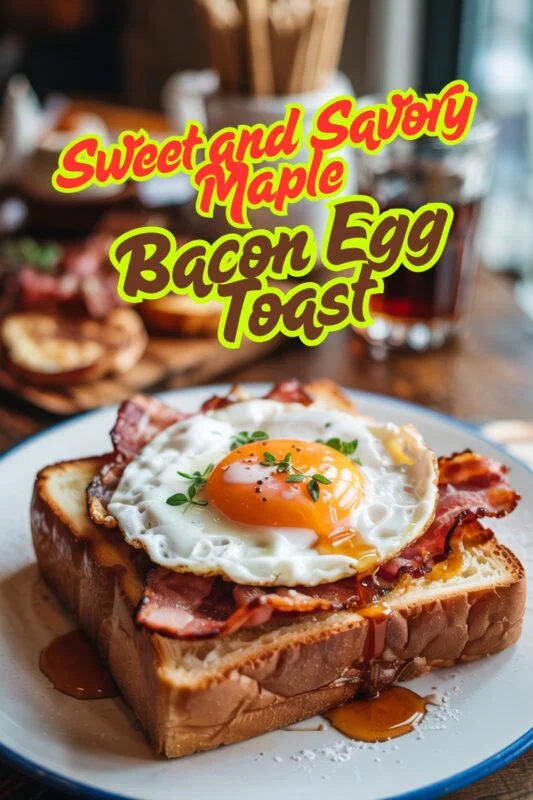 Brioche toast with bacon and egg, drizzled with maple syrup in a cozy café setting.