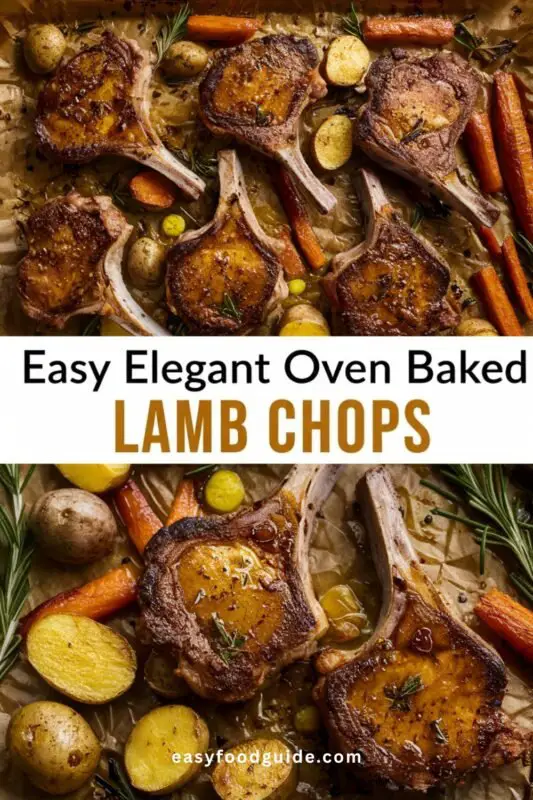 Elegant oven-baked lamb chops garnished with rosemary and garlic butter, served with roasted potatoes and carrots, set on a rustic wooden table.