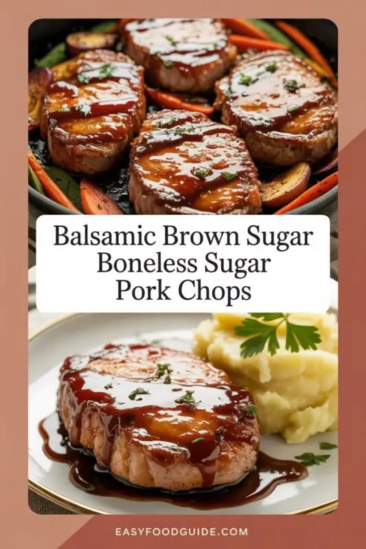 Glazed pork chops on a plate with mashed potatoes and roasted vegetables, garnished with parsley.
