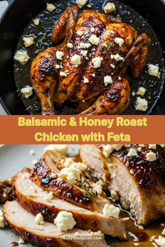 Roasted chicken with balsamic glaze and feta cheese, served on a rustic wooden table.