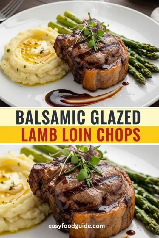 balsamic-lamb-loin-02 Seared balsamic glazed lamb loin chops on a white plate with garlic mashed potatoes and roasted asparagus, set on a rustic wooden table.