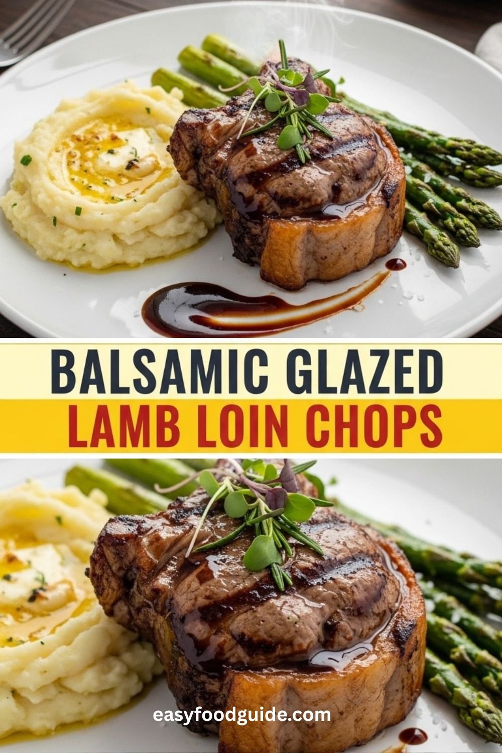 Seared balsamic glazed lamb loin chops on a white plate with garlic mashed potatoes and roasted asparagus, set on a rustic wooden table.