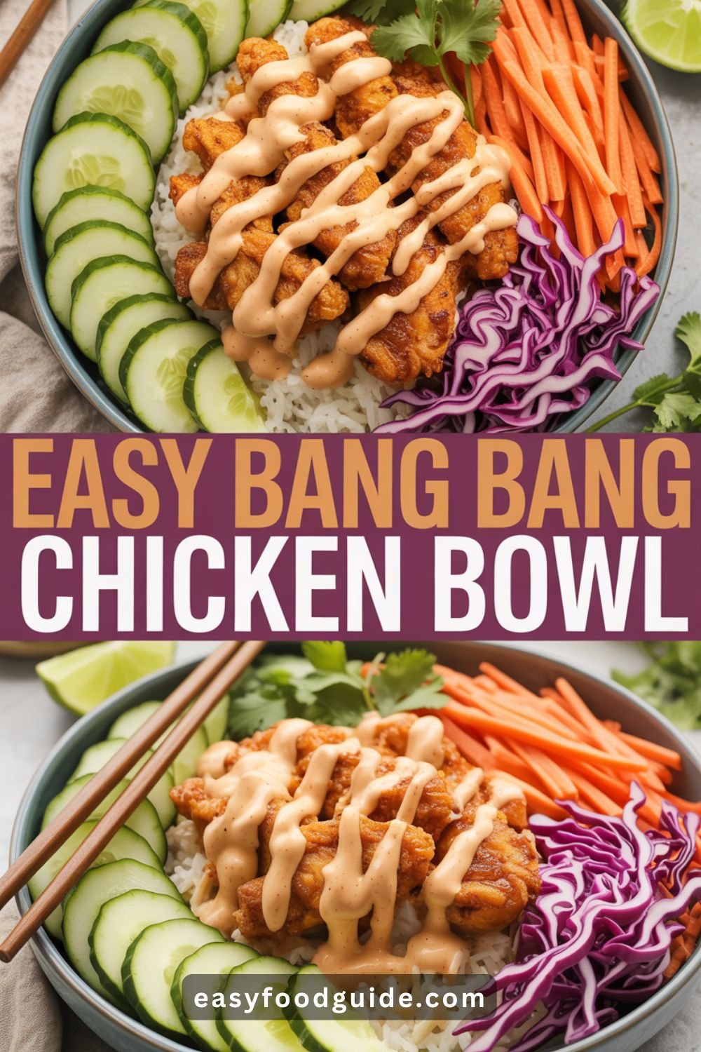 A colorful Easy Bang Bang Chicken Bowl with crispy chicken, jasmine rice, fresh vegetables, and a lime wedge, captured in natural light.