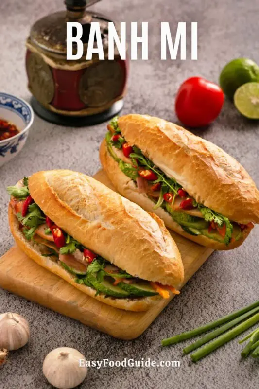 A grilled pork banh mi sandwich with pickled vegetables and cilantro on a banana leaf.
