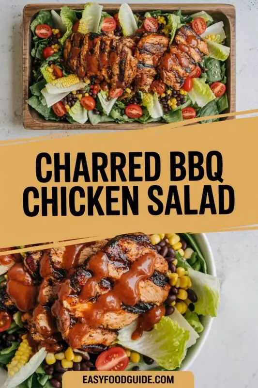 A colorful Grilled BBQ Chicken Salad with grilled chicken, corn, black beans, tomatoes, and BBQ ranch dressing on a rustic table.