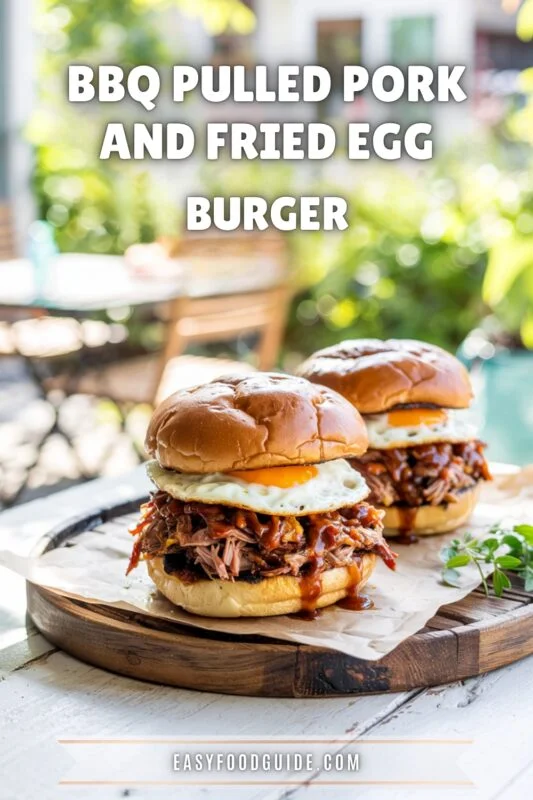 BBQ pulled pork burger with fried egg on a rustic wooden table.