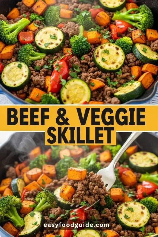 A hearty Beef & Veggie Skillet with ground beef, bell peppers, zucchini, broccoli, and sweet potato, presented on a rustic table with natural lighting.