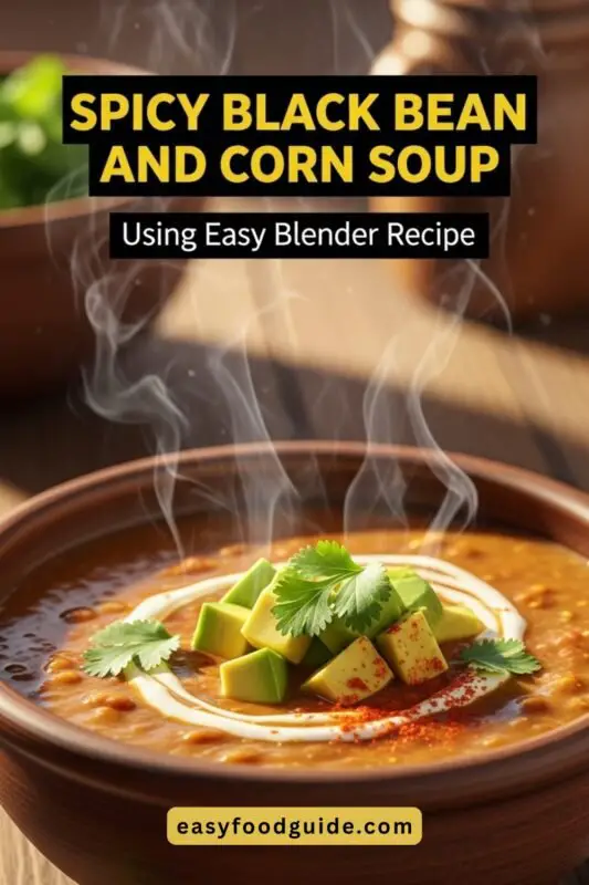black-bean-crn-soup-01 A terracotta bowl of spicy black bean and corn soup topped with sour cream, avocado, and cilantro, served with lime and tortilla chips.