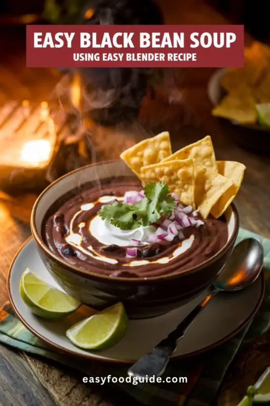 A red bowl filled with spicy vegan black bean soup, garnished with sour cream, onions, and cilantro, alongside lime and tortilla chips.