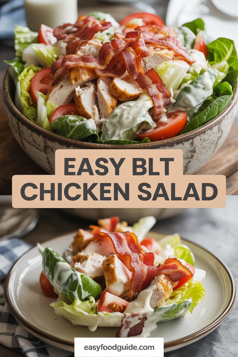 A colorful bowl of BLT Chicken Salad with tomatoes, bacon, chicken, and romaine lettuce on a rustic table.