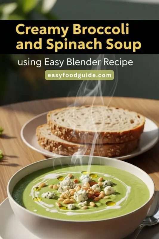 Creamy broccoli and spinach soup in a bowl with blue cheese and pine nuts, alongside whole grain bread.