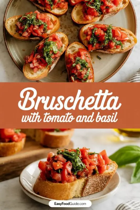 A close-up of bruschetta topped with tomatoes and basil, arranged on toasted bread.
