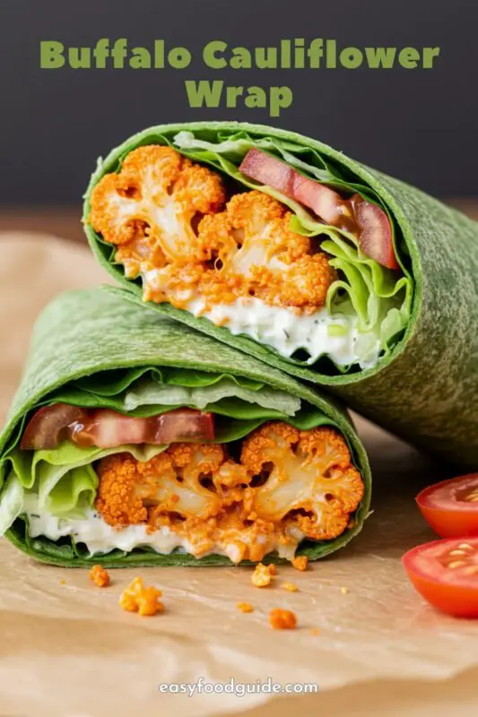Crispy buffalo cauliflower wrap filled with lettuce and tomato, cut in half and served on parchment paper.