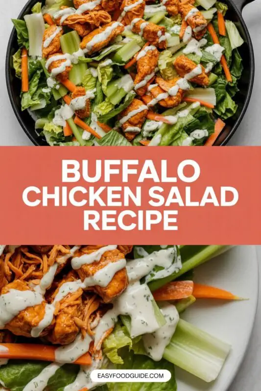 Zesty Buffalo Chicken Salad with mixed greens, buffalo chicken, cherry tomatoes, and ranch dressing on a rustic table.
