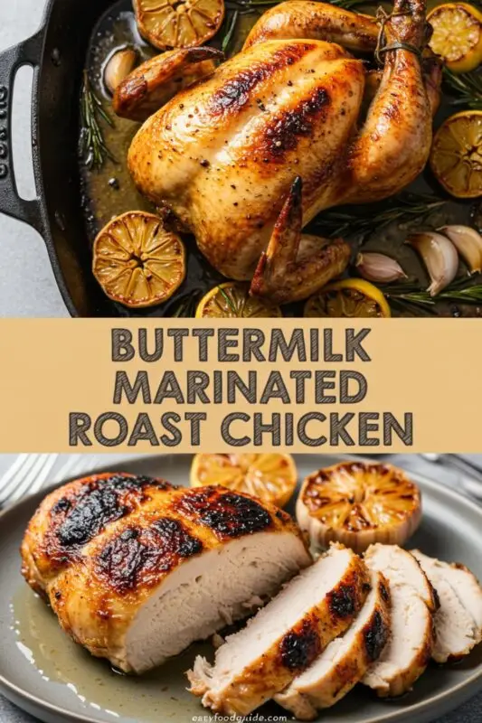 A whole crispy roasted chicken garnished with herbs.