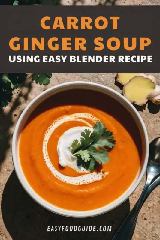Bright orange carrot ginger soup in a bowl, garnished with coconut cream and cilantro, with ginger slice on the side.
