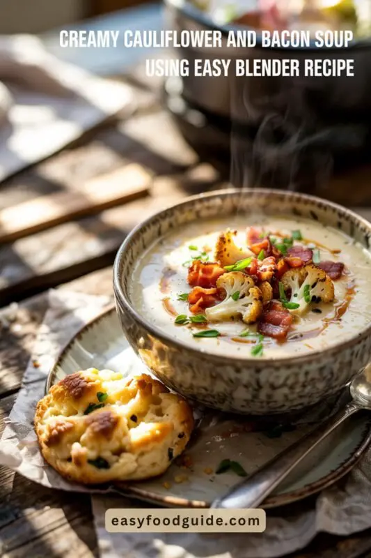 cauliflower-bacon-soup-01 Creamy cauliflower and bacon soup in a white bowl, garnished with bacon bits and chives, served with a cheese scone.
