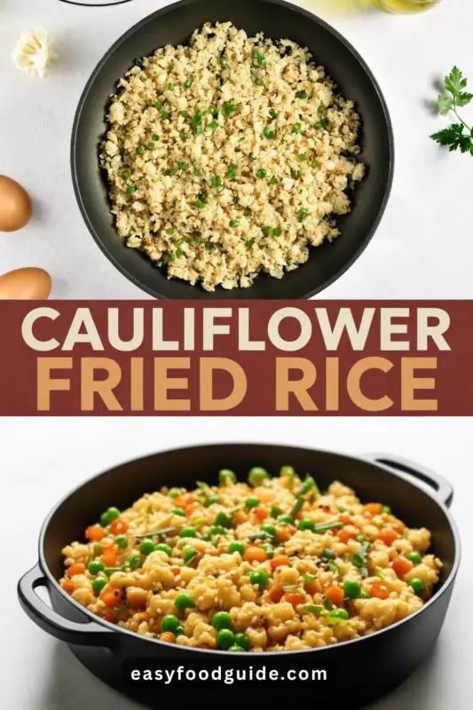 Riced cauliflower stir-fried with vegetables and eggs for a low-carb meal.