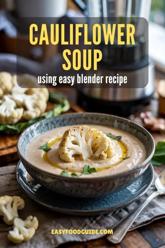 Creamy cauliflower soup topped with roasted florets, served in a grey bowl with a slice of seeded bread.