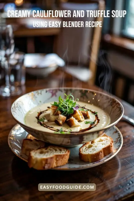 cauliflower-truffle-soup-01 A bowl of creamy cauliflower and truffle soup with truffle oil drizzle and garnishes, served with toasted brioche slices.