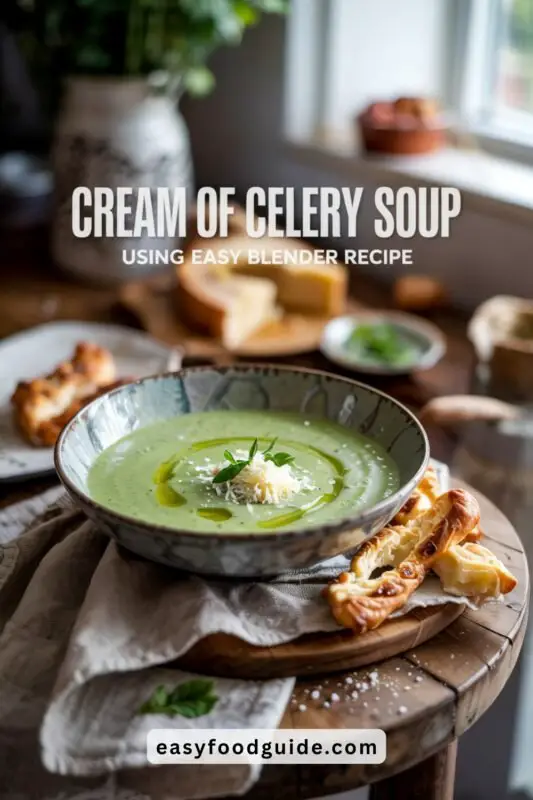 A bowl of creamy celery soup garnished with celery leaves and olive oil, with cheese twist on the side.