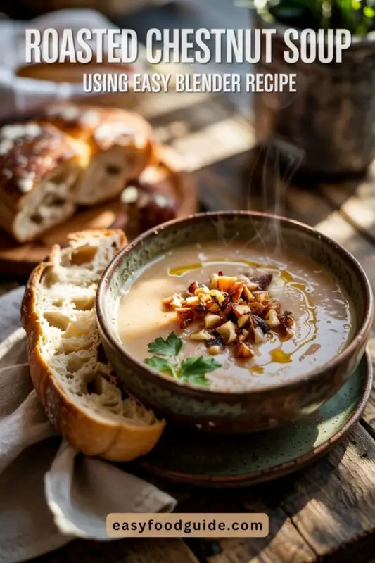 chestnut-soup-01 Velvety roasted chestnut soup in a deep ceramic bowl, garnished with chestnut pieces, served with crusty bread in warm autumn lighting.