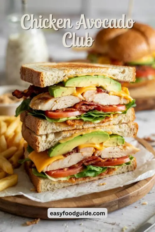 A Chicken Avocado Club Sandwich with grilled chicken, avocado, bacon, lettuce, tomato, and cheddar on whole grain bread, served with fries.