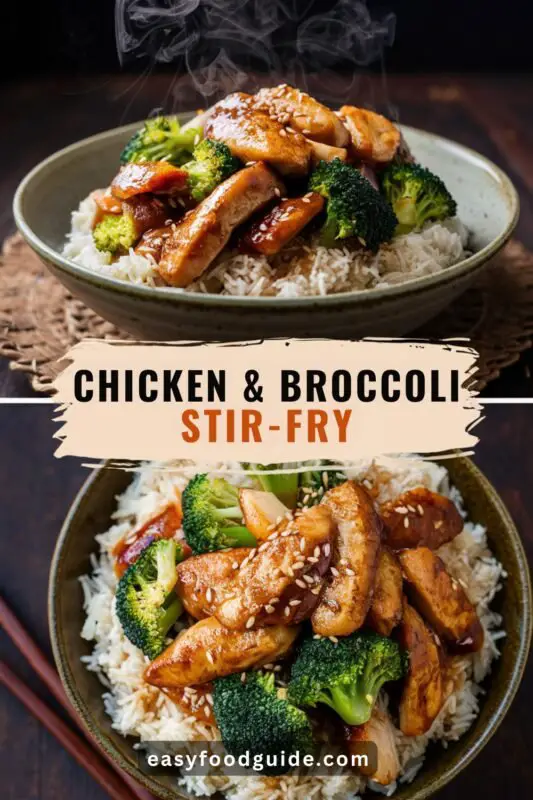 A colorful Chicken & Broccoli Stir-Fry with chicken and broccoli in a light sauce, served over rice with chopsticks on a rustic table.