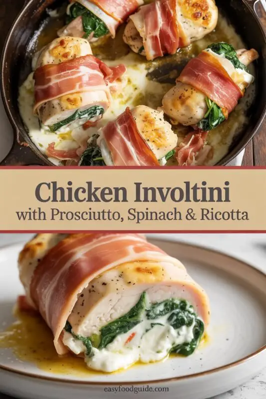 Golden Chicken Involtini filled with spinach and ricotta, garnished with basil and Parmesan.