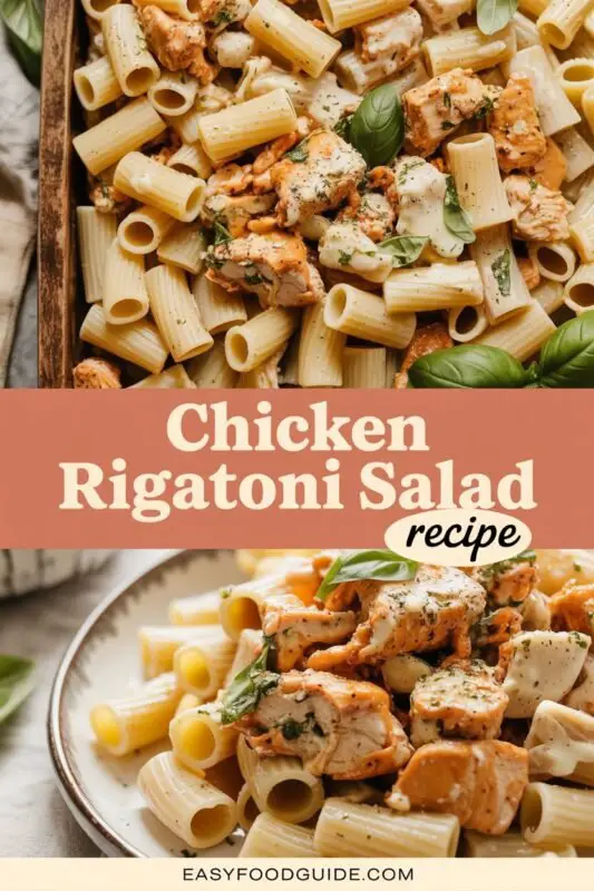 A refreshing Chicken Rigatoni Salad with cherry tomatoes, cucumbers, chicken, and garlic parmesan sauce in a wooden bowl, garnished with parsley.