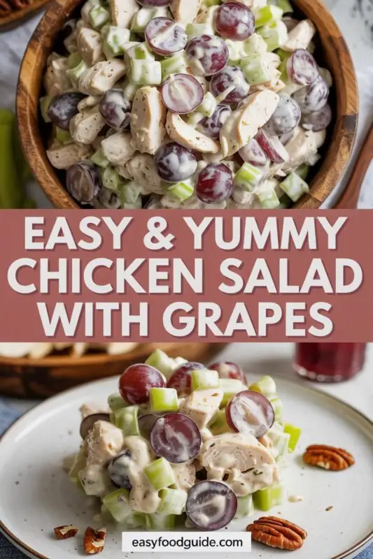A colorful bowl of chicken salad with grapes and pecans, garnished with parsley, on a rustic wooden table.
