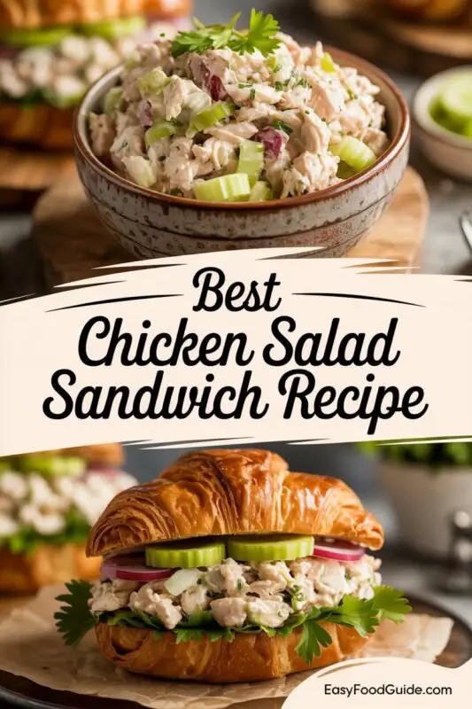A delicious Chicken Salad Sandwich on a croissant with lettuce and pickles, showcasing creamy chicken salad with celery.