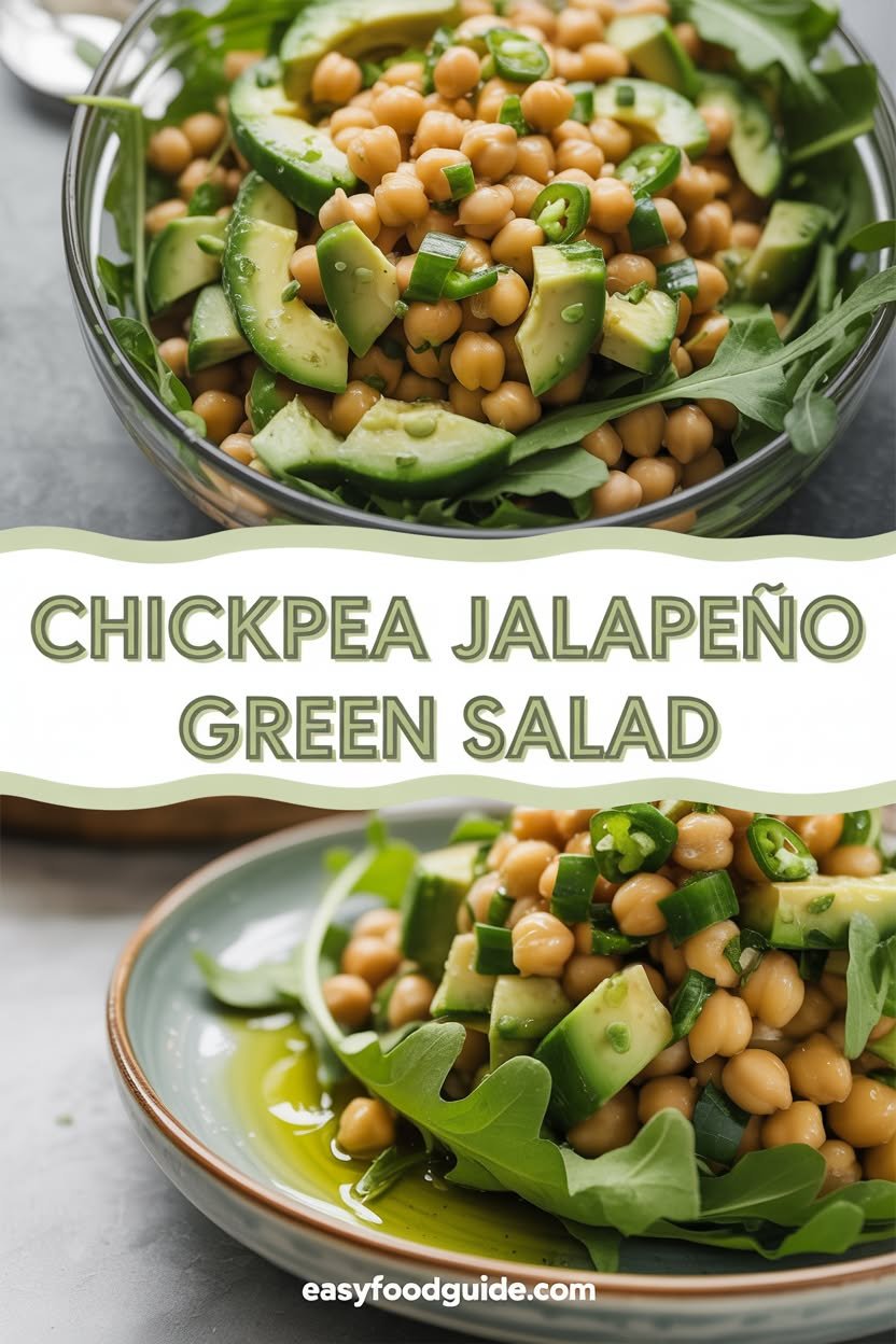 A colorful bowl of Chickpea Jalapeño Green Salad with avocado, arugula, cucumber, and jalapeño, garnished with a lemon slice.