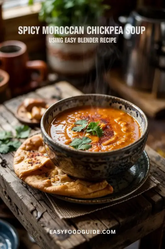 chickpea-soup-01 A vibrant bowl of spicy Moroccan chickpea soup with cilantro and smoked paprika, served with flatbread.
