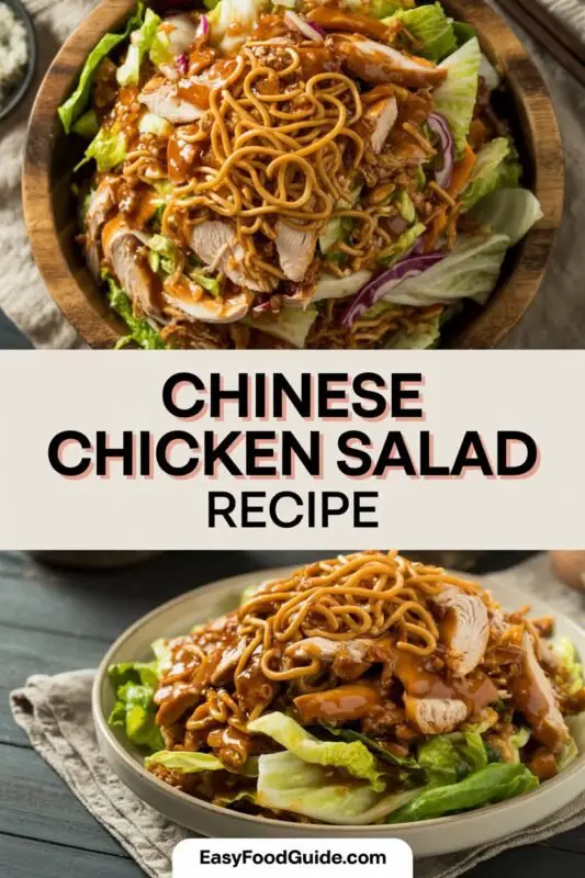 A bowl of vibrant Chinese Chicken Salad with chicken, cabbage, and colorful veggies topped with crispy wontons.