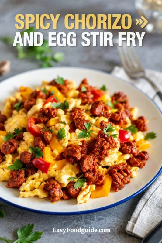 Spicy chorizo and egg stir fry in a cast-iron skillet on a rustic wooden table.