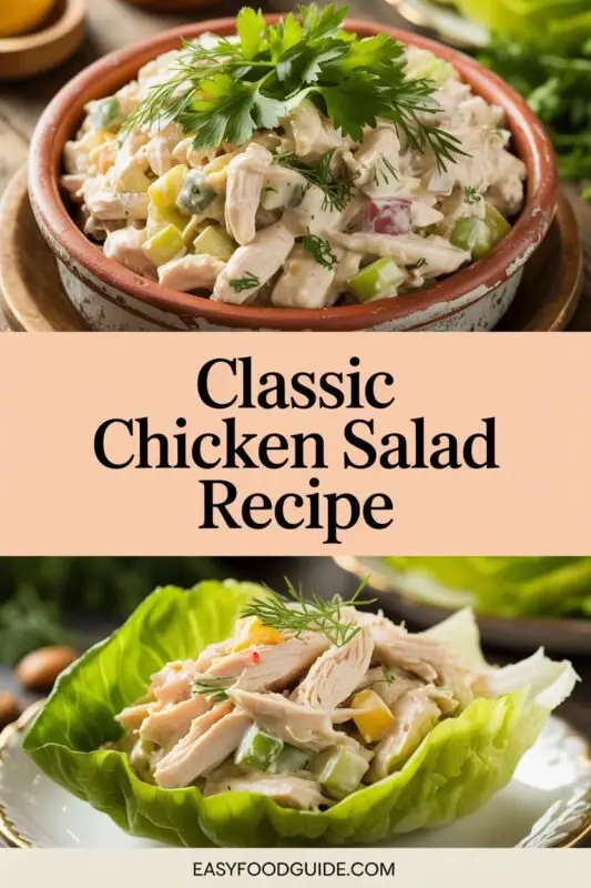 A bowl of classic chicken salad with shredded chicken, mayo, and vegetables