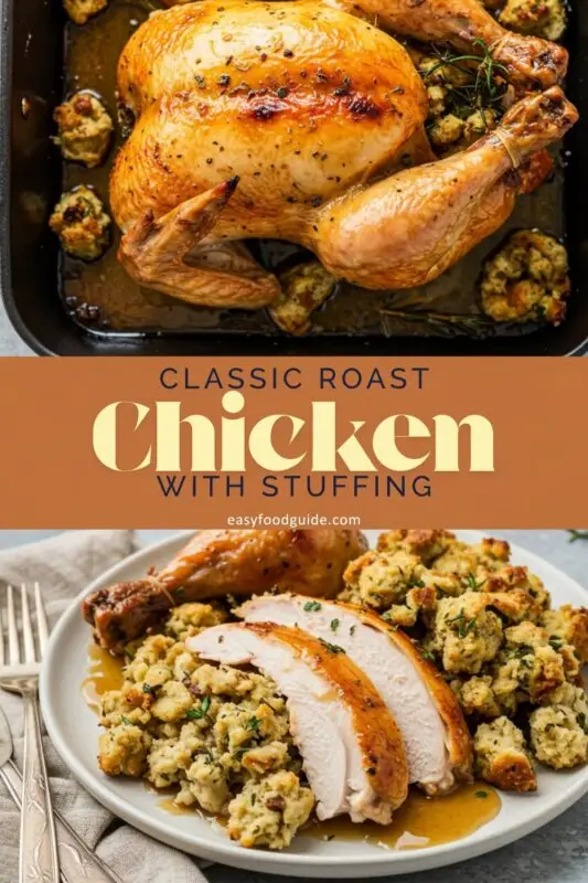 A golden roast chicken with stuffing, served on a platter.