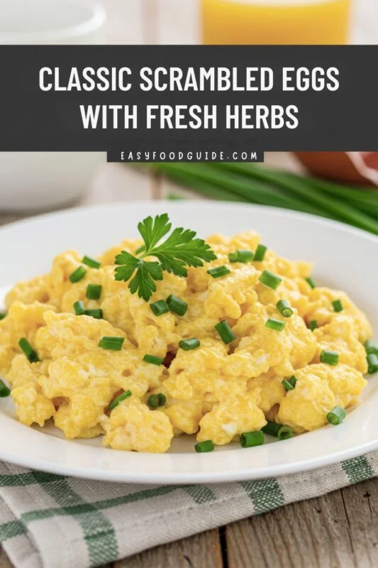Fluffy scrambled eggs garnished with fresh herbs on a rustic wooden table.