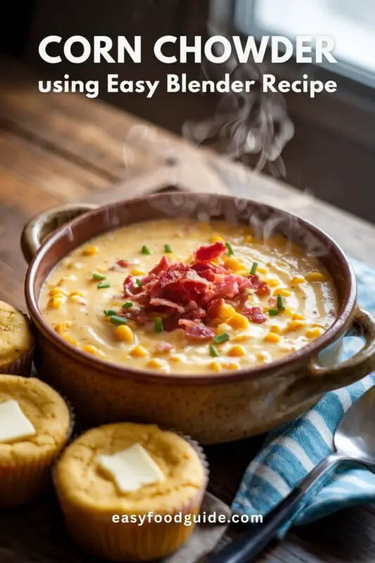 Creamy corn chowder in a white bowl, garnished with bacon and chives, with cornbread muffin on the side.