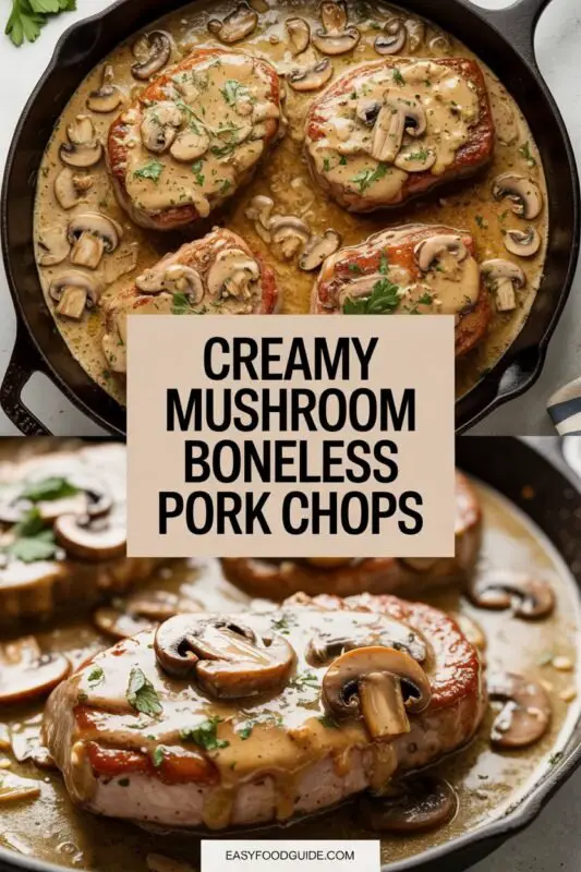 Boneless pork chops in creamy mushroom sauce on a plate with mashed potatoes and green beans.