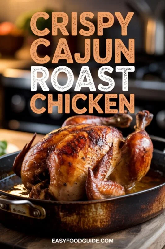 Crispy Cajun roast chicken on a cutting board, with corn on the cob and spicy coleslaw in the background.